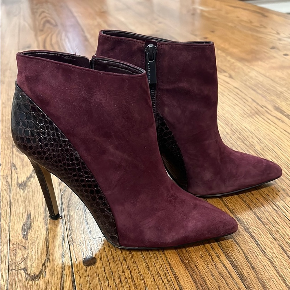 Vince Camuto “Kasi” Pinot Noir Suede & Croc Leather Heel Stiletto Ankle Boots